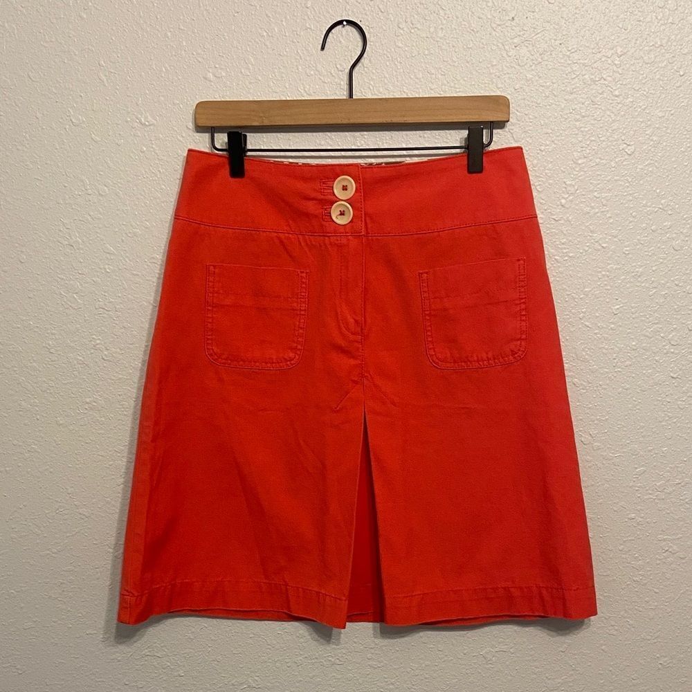 Boden Coral Red Pink Button Classic Front Pleat Pocketed Skirt Size 12R